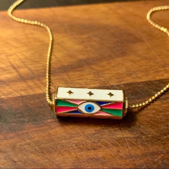 Evil Eye Charm Necklace 18k Ball Chain in Orange And Gold - Picture 2 of 6